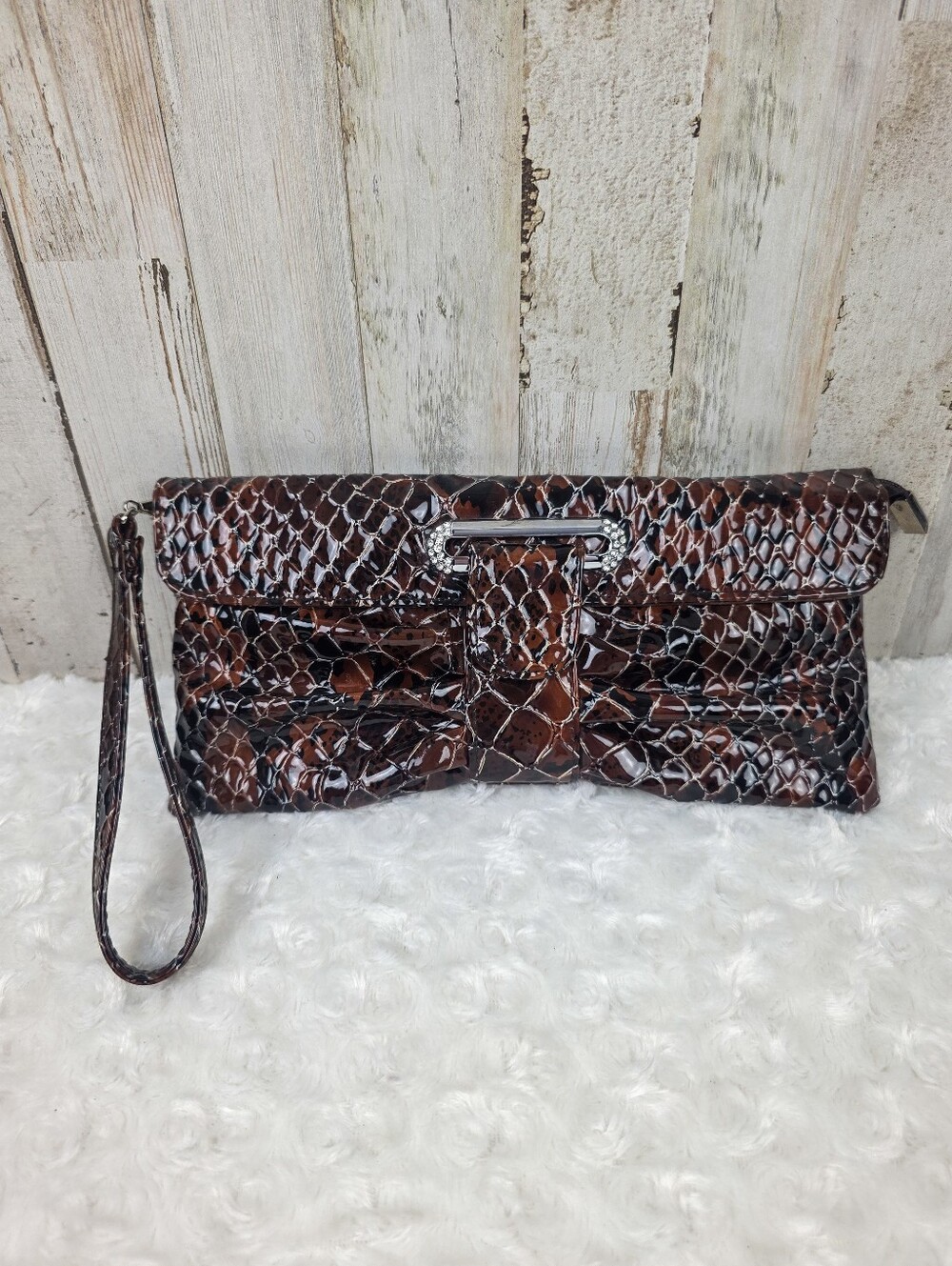 Womens Brown Snake-Embossed Wristlet Clutch